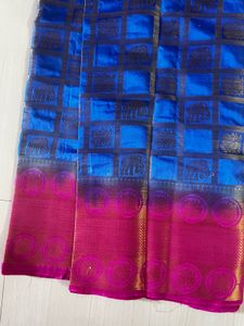 Royal Blue &amp; Pink Silk Saree with Elephant Motif