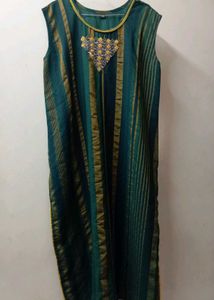 Green &amp; Gold Striped Kurta with Embellishment