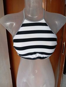 Black and White Striped Bikini Top
