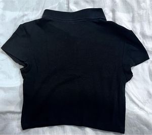 Black Ribbed Polo Crop Top