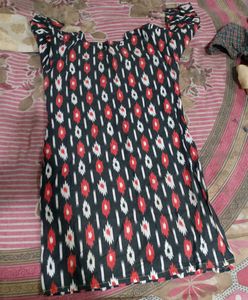 Stylish Black Kurta with Red &amp; White Ikat Print
