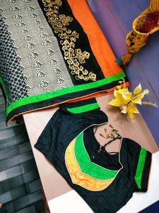 FREE DELIVERY 🥳 Designer Orange Green Mix Saree