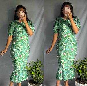 Green Floral Puff Sleeve Midi Dress