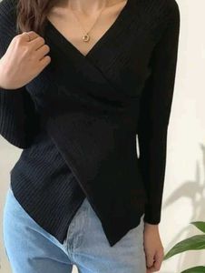 Stylish Black Wrap Knit Top