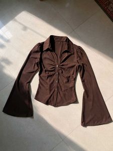 Chic Brown Flared Sleeve Blouse
