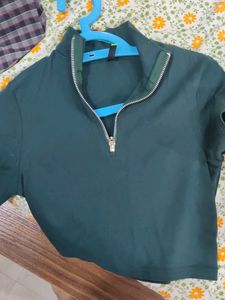 Green Crop Top with Zipper Detail
