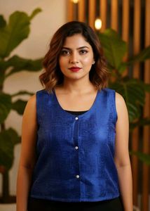 Blue Sleeveless Button-Up Top