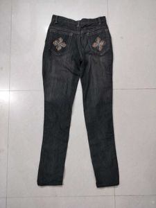 Embroidered Black Denim Jeans