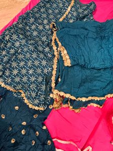 Beautiful Teal Embroidered Kurta and Sharara set