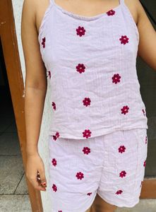 Cute Comfy 🥰Soft Cotton Lavender Embroidered Co Ord Set