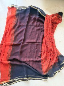Rust Orange Block Print Georgette saree