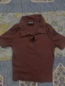 Ribbed Polo Neck Cropped Top