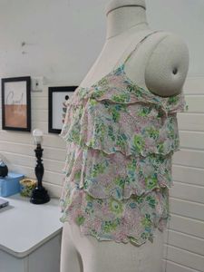 Chic Ruffled Floral Spaghetti Strap Tank Top