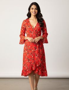 Bright Red Florals Wrap Dress