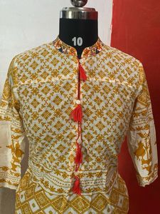 half White with mustard yellow  Printed Kurta