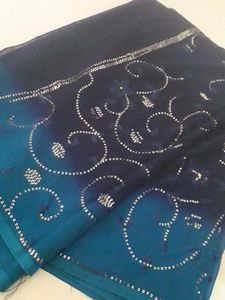 Saree Navy Blue+SkyBlue Sequence Work Floral Print