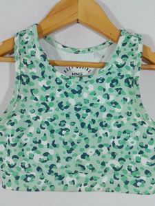 Green Printed Active Wear Top For Girl's