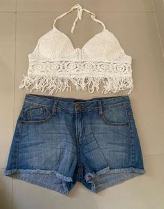 Boho Crochet Fringe Halter Top and shorts
