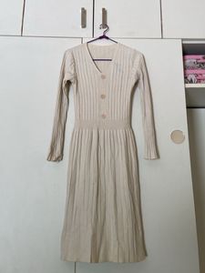 Cream Ribbed Knit Button-Up Midi Dress
