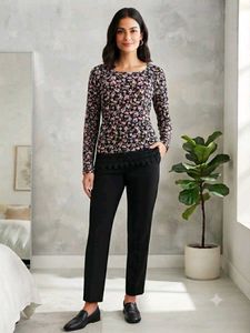 Floral Print Long Sleeve Top with Lace Trim