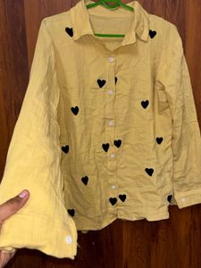 Yellow Heart Print Button-Up Shirt