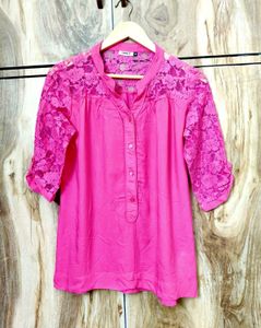 Women's Pink Lace Sleeve Tunic Top Size-36