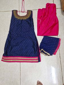 Elegant Blue Kurta Set with Pink Dupatta