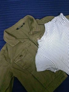 Stylish Green Denim Jacket &amp; Striped Top