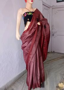 Pure Tussar Silk Block Print Sequin Work Saree