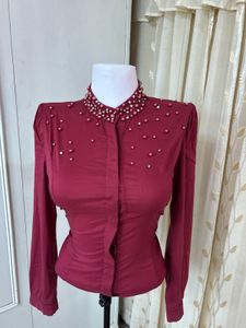 Beaded Collar Long Sleeve Top
