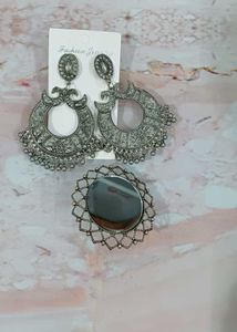 Oxidized Silver Jhumka Earrings & Mirror Ring