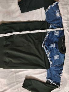 green+Denim patchwork,studded , ripped design long