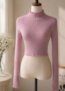 Pink Ribbed Knit Crop Top, High Neck, Long Sleeves