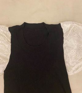 Black Top with White Broderie Anglaise Sleeves