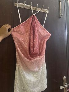 Pink &amp; White Sequin or Sequence Party Halter Dress