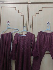 Maroon Kurta Set with Pants &amp; Dupatta
