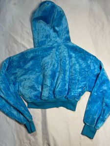 Blue Velour Cropped Hoodie