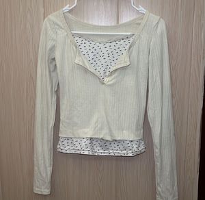 Cream Ribbed Knit Floral Trim Top