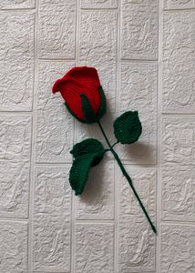 Crocheted Red Rose with Green Leaves