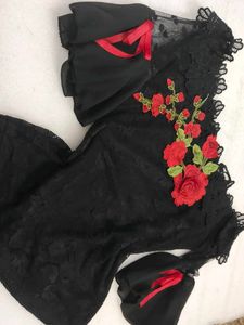Black Lace croptop with Red Rose Applique
