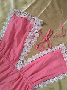 Pink Cotton Blouse with Lace Trim