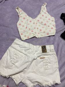 Polka Dot Crop Top &amp; jeans Shorts Set
