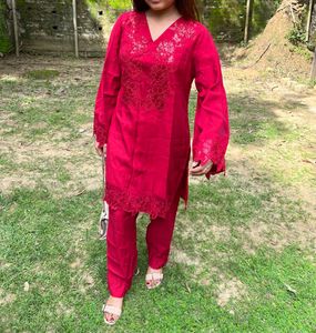 Beautiful Red Coords Set with price tag.