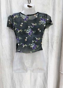 16158. Sheer Floral Embroidered Mesh Top