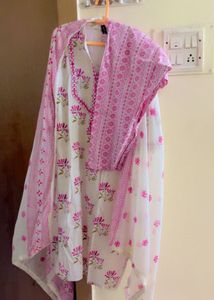 White Kurta with Pink Floral Print and Dupatta