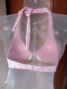 Pink Leaf Print Halter Bikini Top