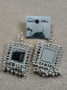 Mirror Work Square Dangler Earrings oxidized