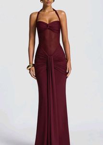 Elegant Maroon Halter Neck Evening Gown