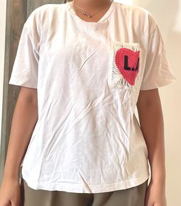 zara White T-Shirt with Heart Pocket