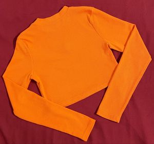 Orange Long Sleeve Cropped Top with Flower Appliqu
